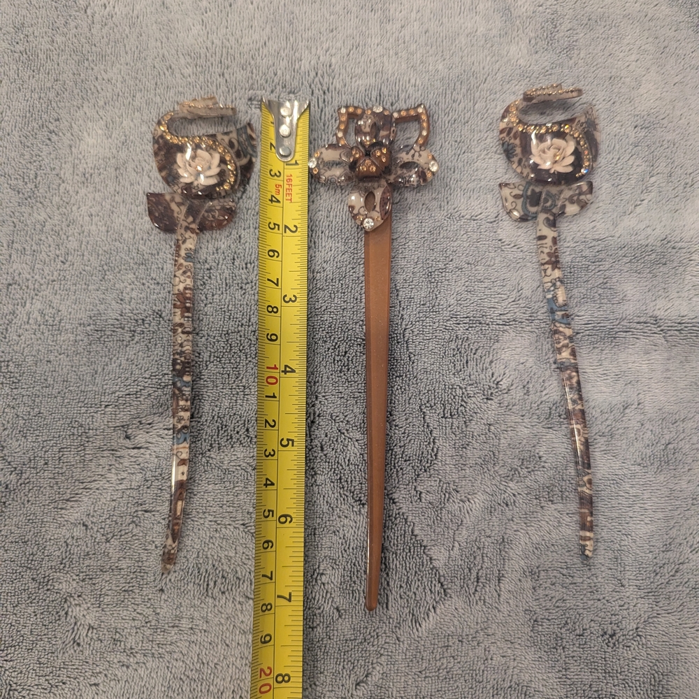 Vintage Art Deco Celluloid Rhinestone Floral Hair Sticks Set - Picture 5 of 6